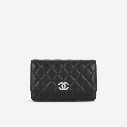 Chanel Wallet On Chain - Black Lambskin with Strass CC | Silver Hardware