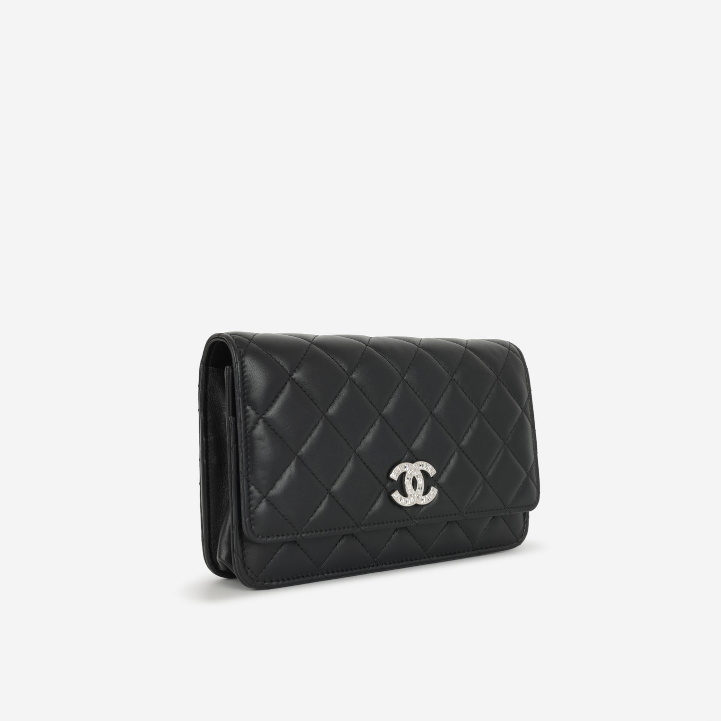 Chanel Wallet On Chain - Black Lambskin with Strass CC | Silver Hardware