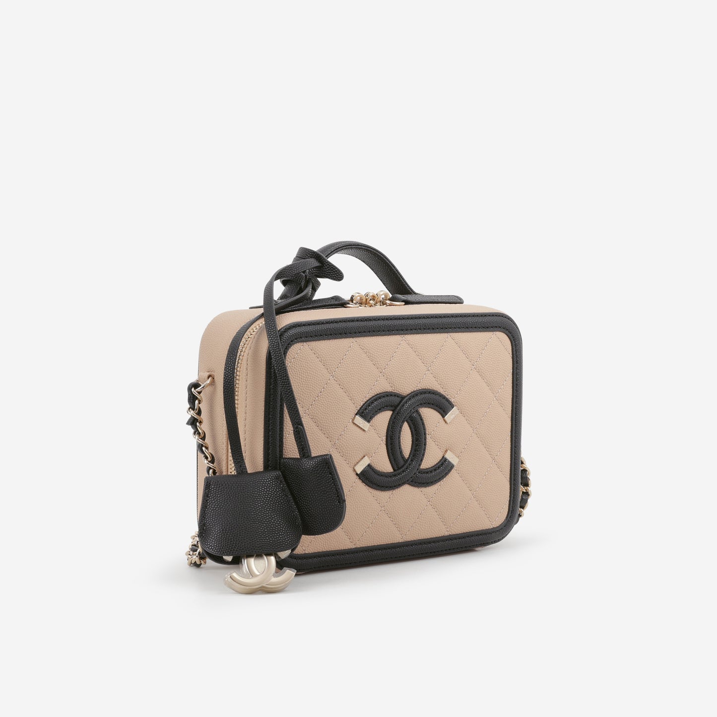 Chanel Small Filigree CC Vanity Case - Beige/Black Caviar | Champagne Gold Hardware