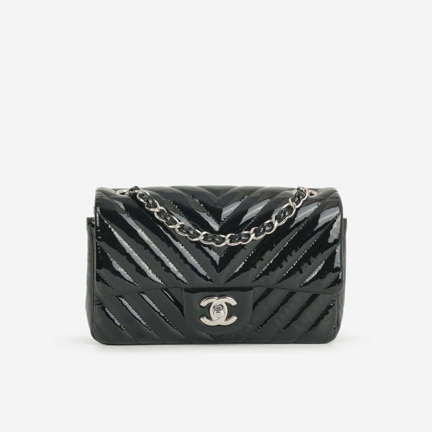 Chanel Mini Flap Rectangular - Black Chevron Patent Calfskin | Silver Hardware - Bagista