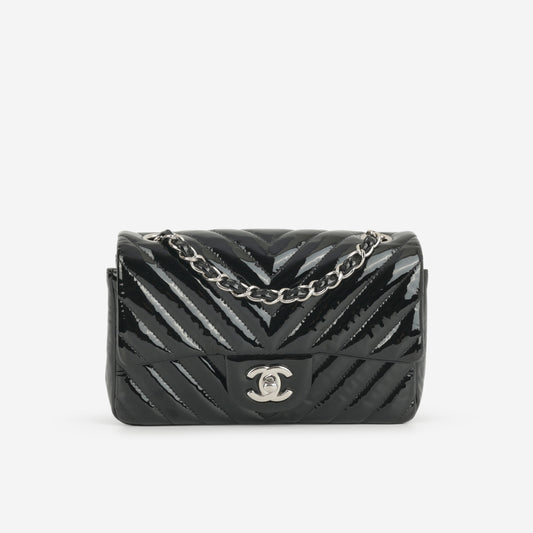 Chanel Mini Flap Rectangular - Black Chevron Patent Calfskin | Silver Hardware - Bagista