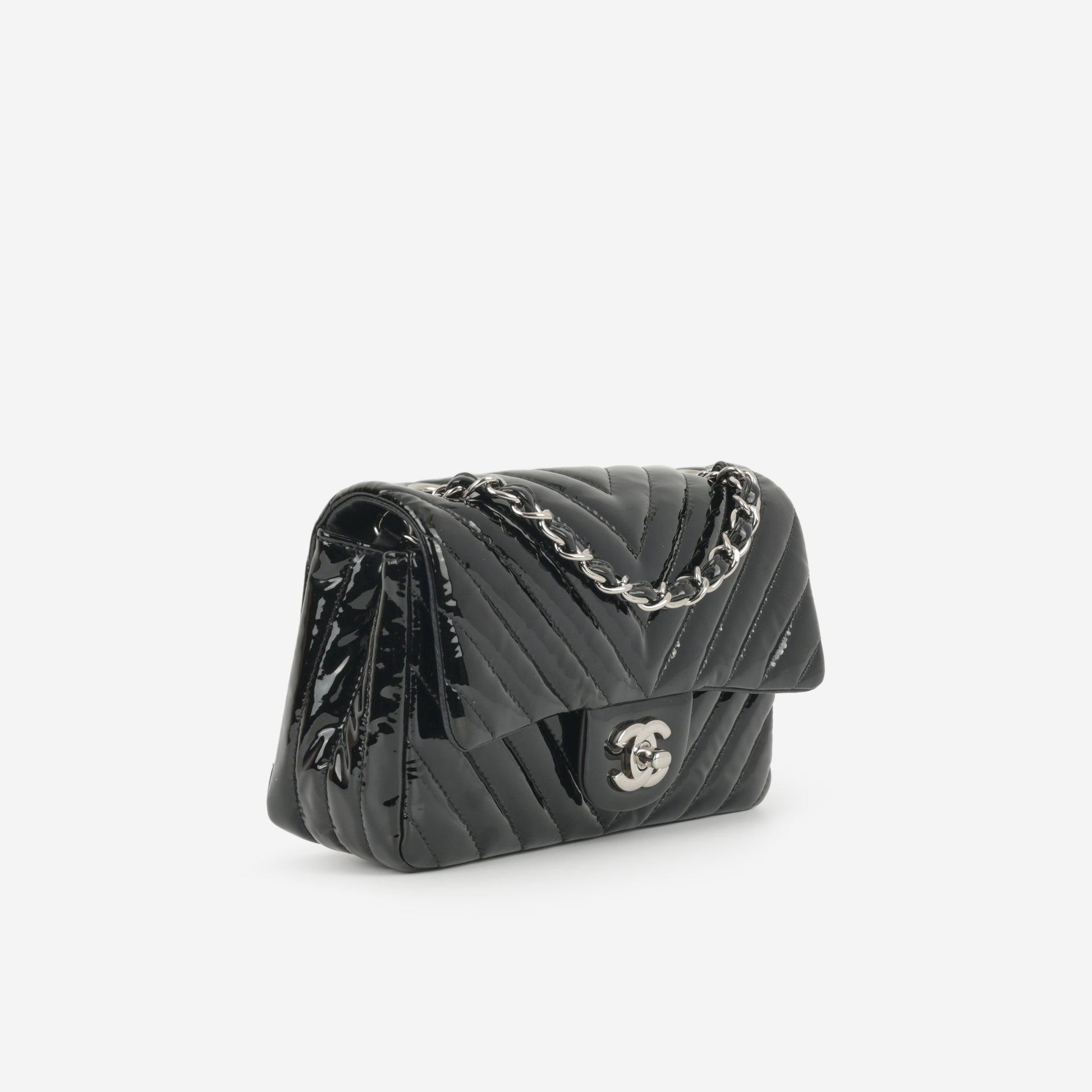 Chanel Mini Flap Rectangular - Black Chevron Patent Calfskin | Silver Hardware - Bagista