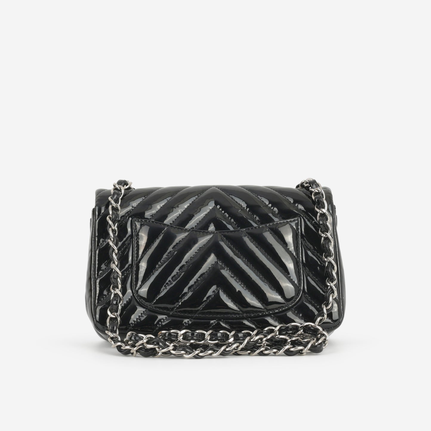 Chanel Mini Flap Rectangular - Black Chevron Patent Calfskin | Silver Hardware - Bagista