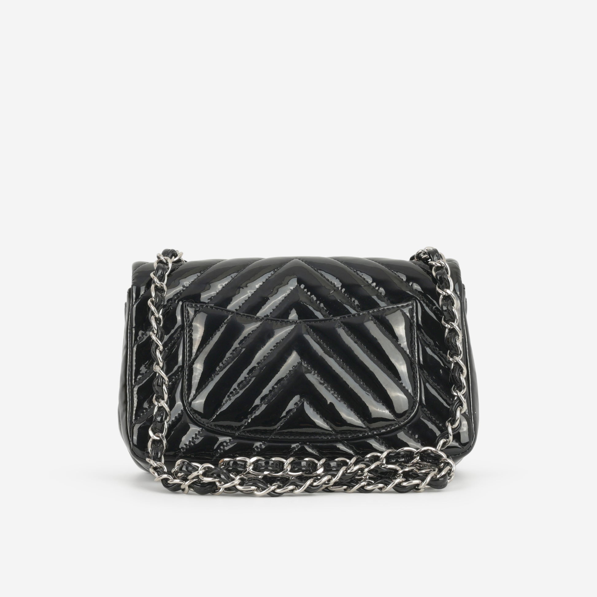 Chanel Mini Flap Rectangular - Black Chevron Patent Calfskin | Silver Hardware - Bagista