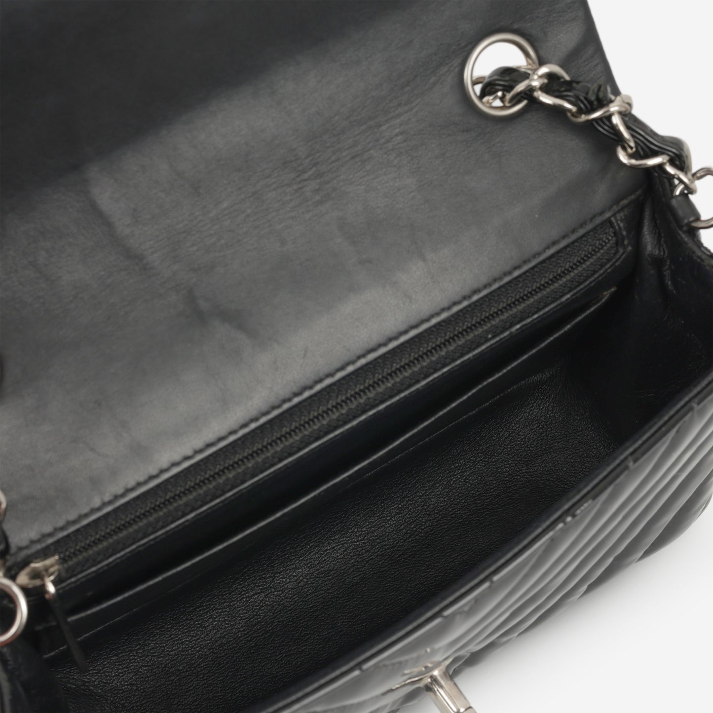Chanel Mini Flap Rectangular - Black Chevron Patent Calfskin | Silver Hardware - Bagista