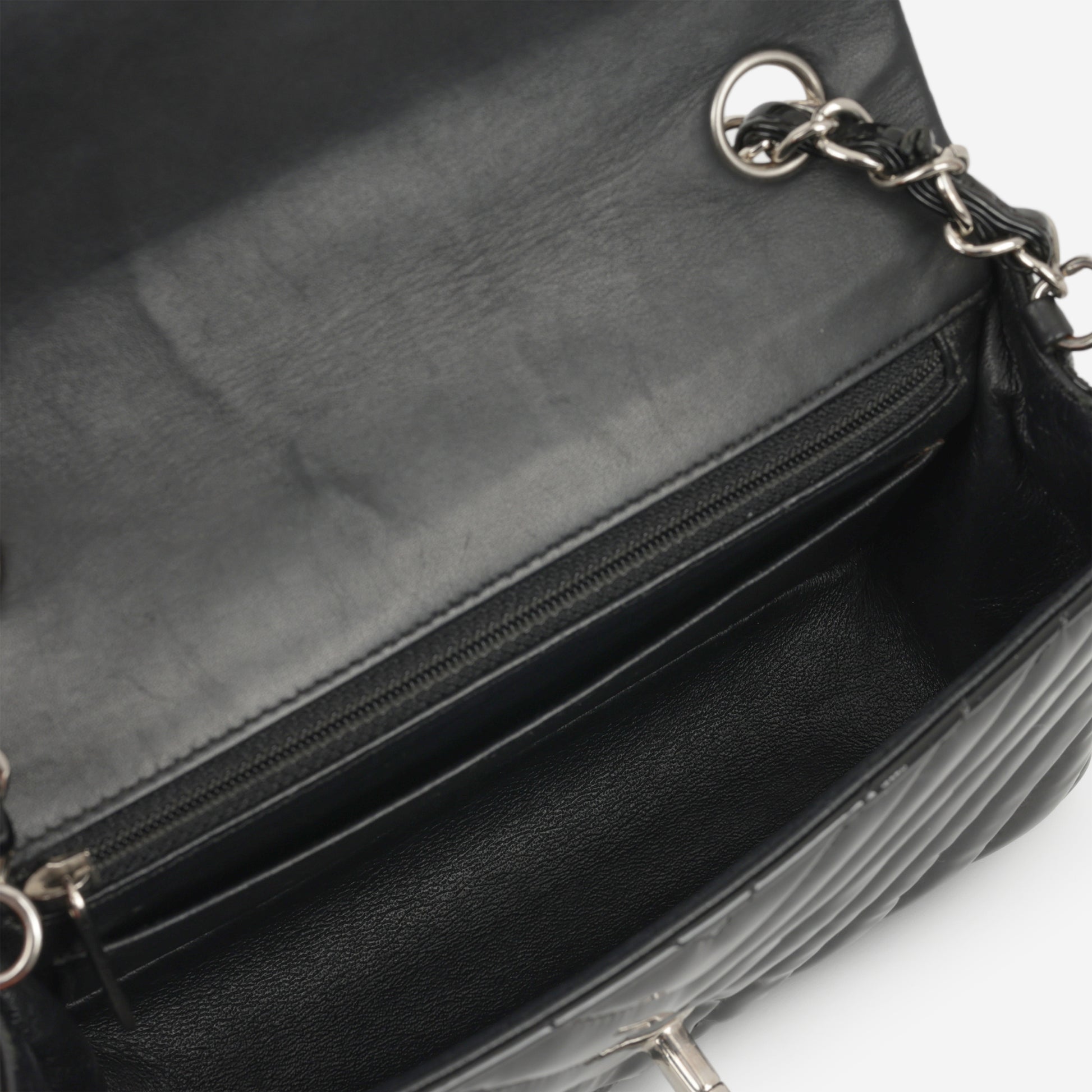 Chanel Mini Flap Rectangular - Black Chevron Patent Calfskin | Silver Hardware - Bagista