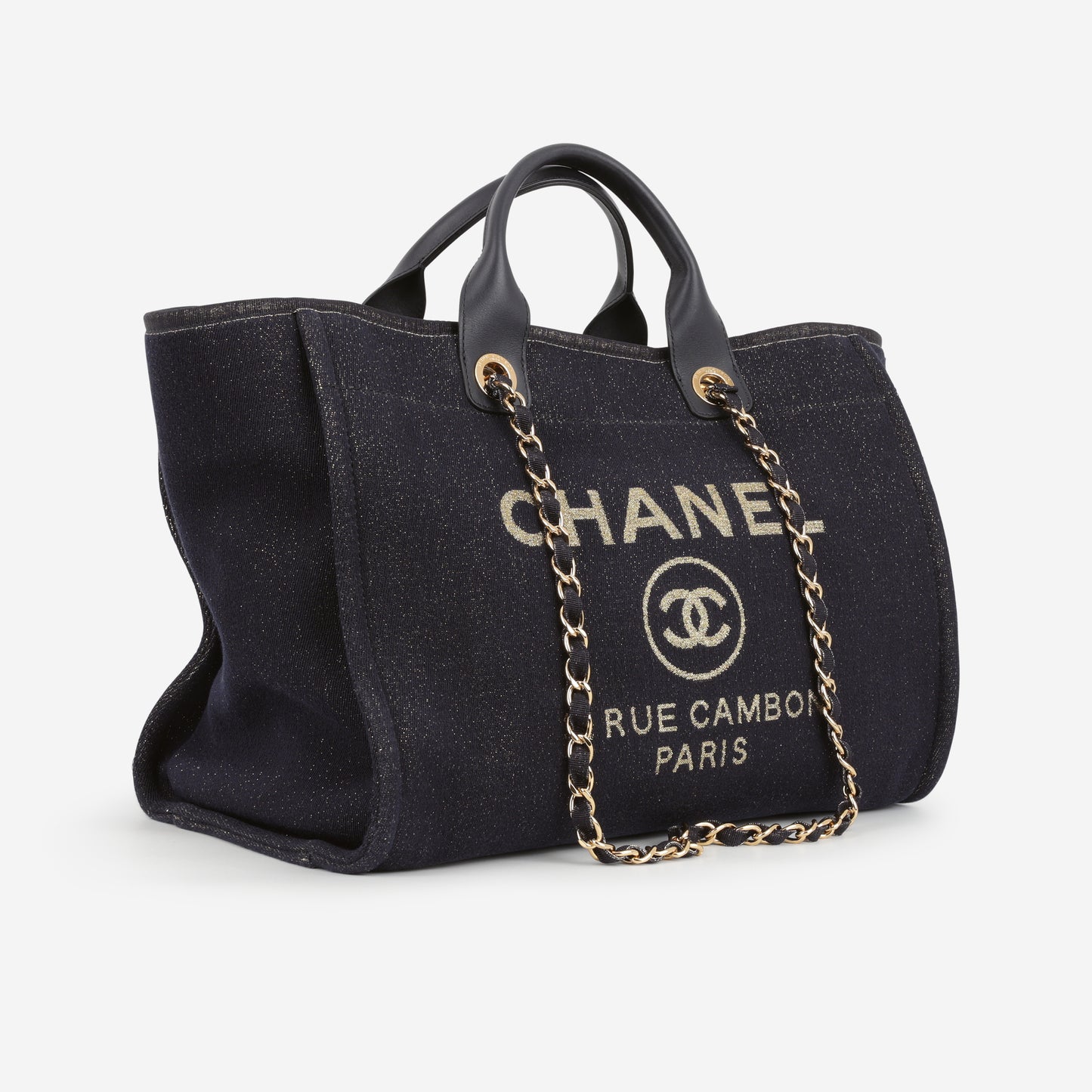 Chanel Large Deauville - Navy / Gold Glitter Fabric | Gold Hardware