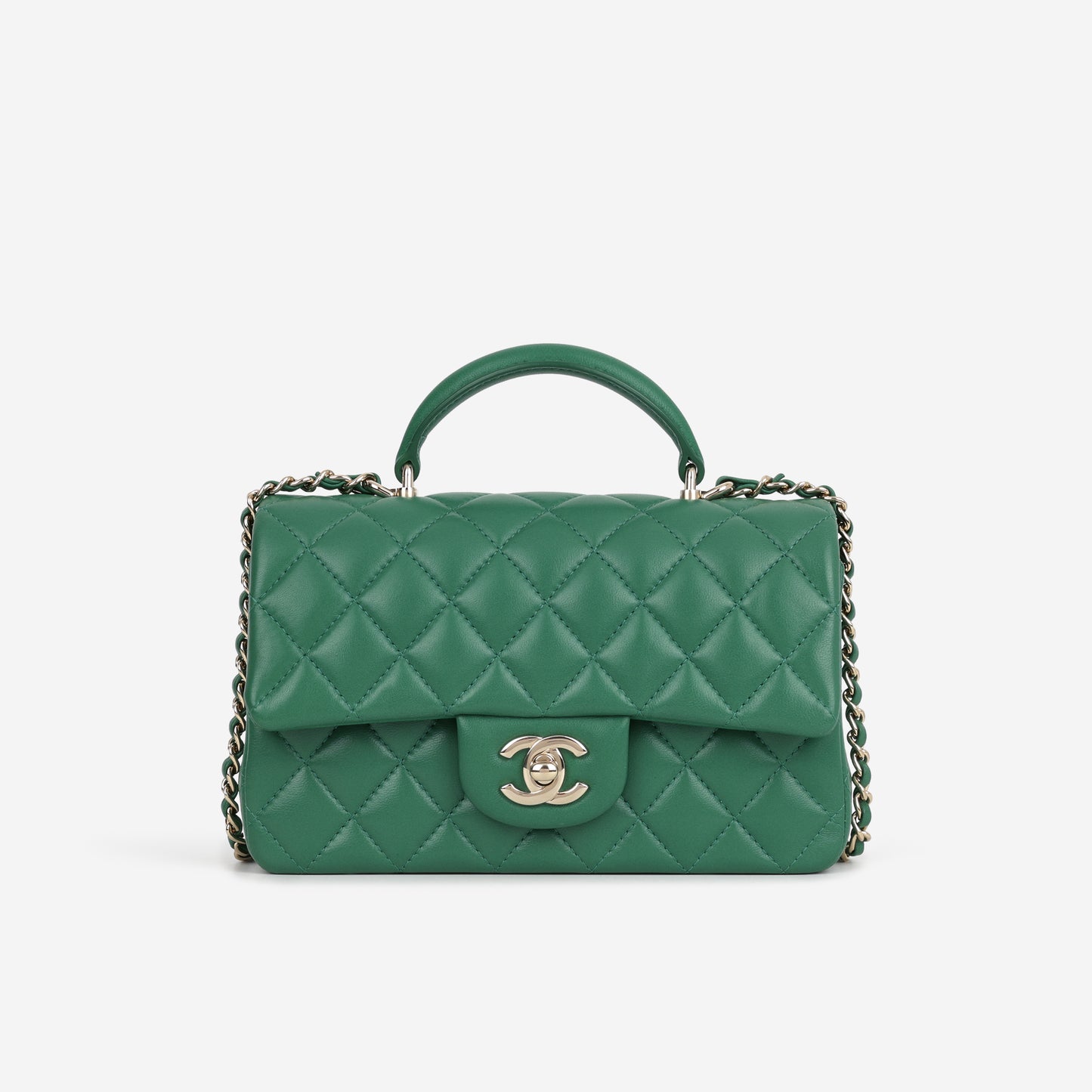 Chanel Mini Top Handle Flap - Green Lambskin  | Champagne Gold Hardware