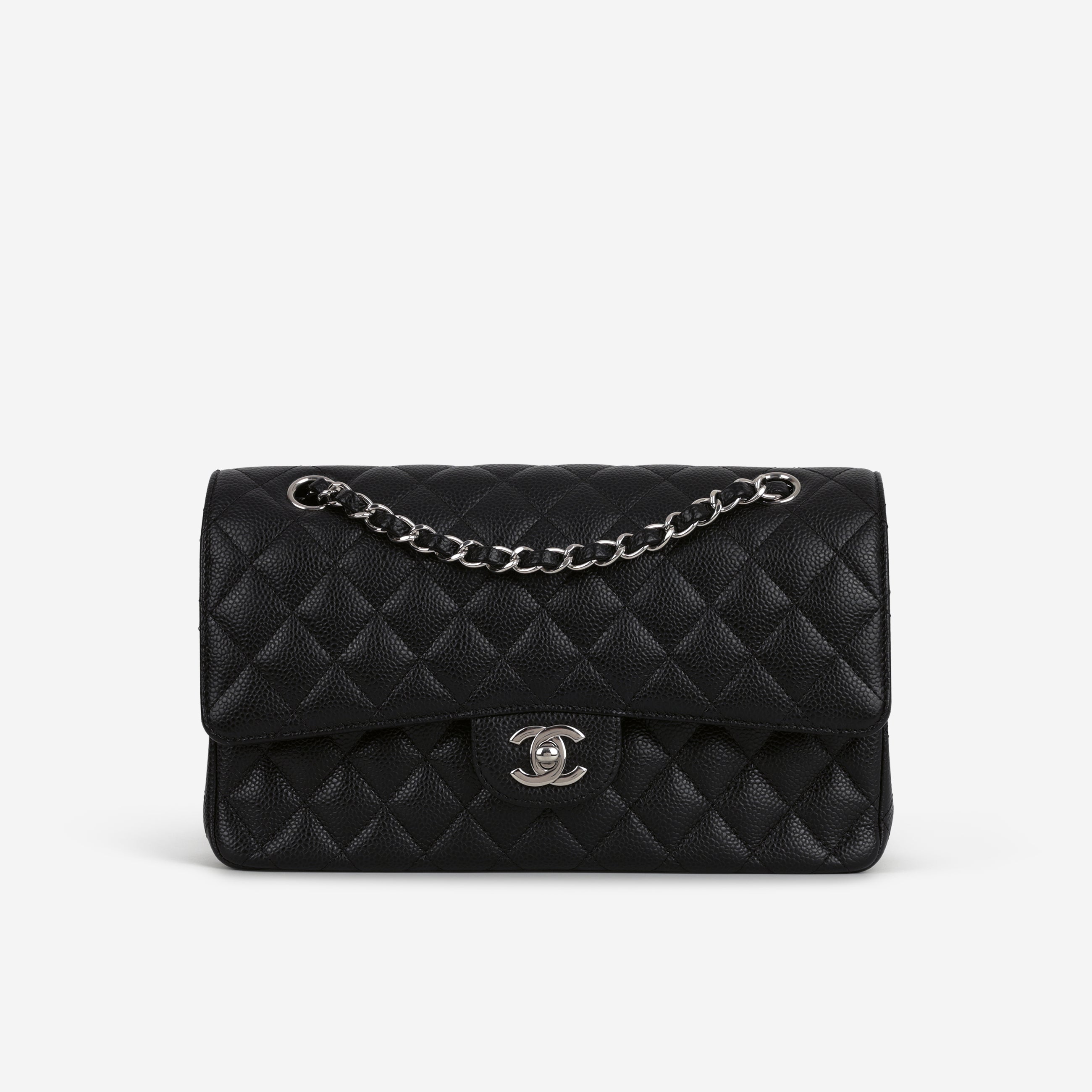 Authentic Chanel Medium Classic Flap Bag - Black Caviar Silver Hardware ...