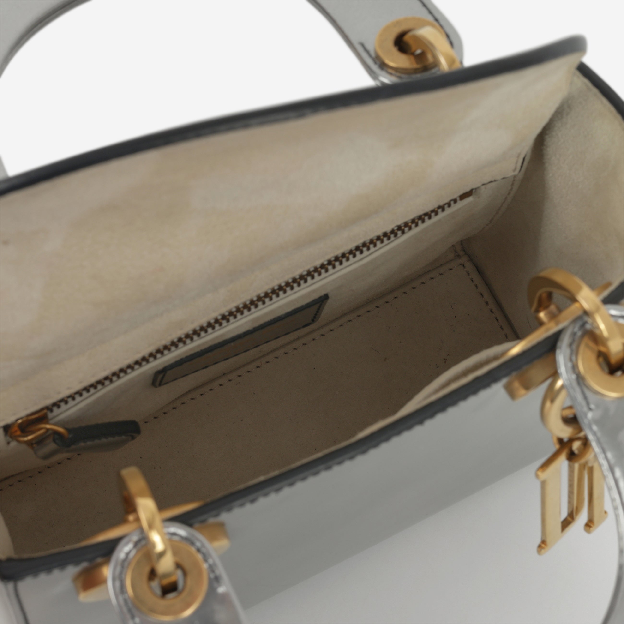 Dior Mini Lady Dior - Silver Glazed Calfskin | Antique Gold
