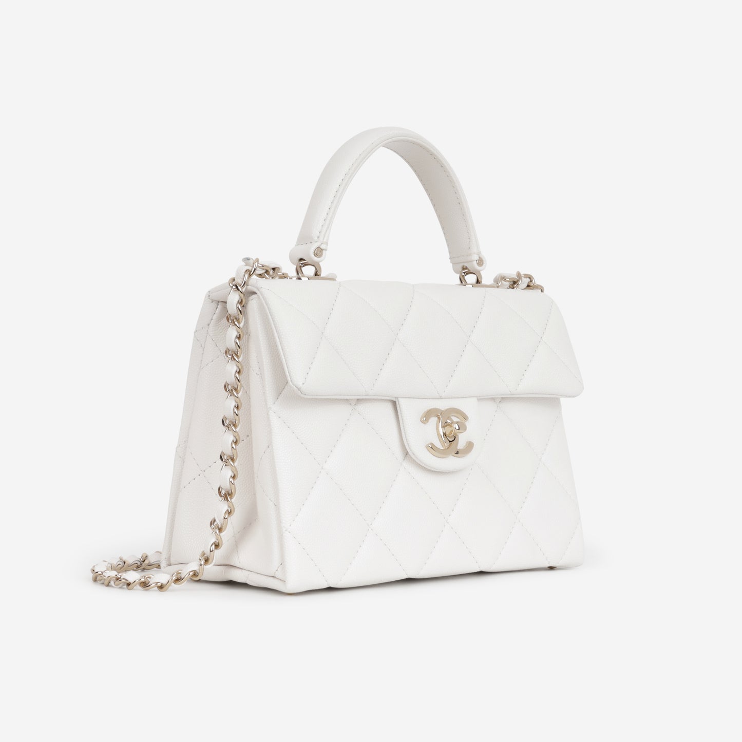 Chanel Retro Twist Top Handle Flap - White Caviar | Champagne Gold Hardware