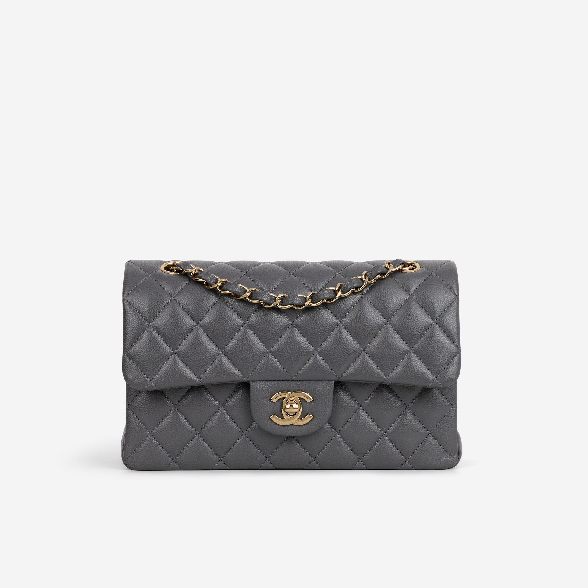 Chanel Small Classic Flap - Dark Grey Caviar | Champagne Gold Hardware - Bagista