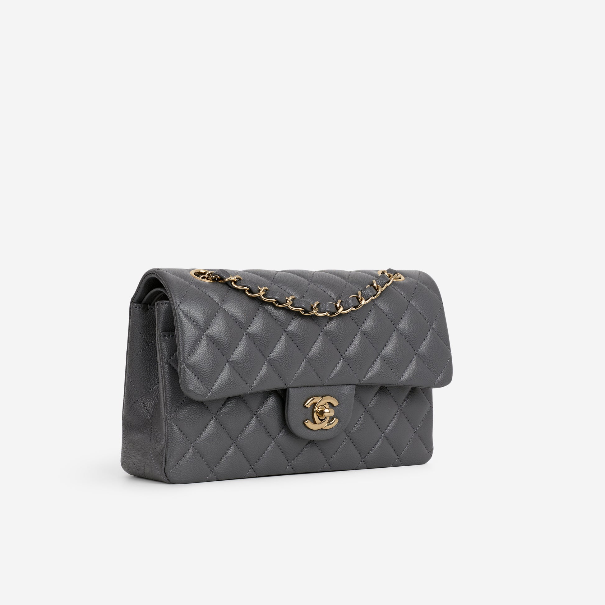 Chanel Small Classic Flap - Dark Grey Caviar | Champagne Gold Hardware - Bagista