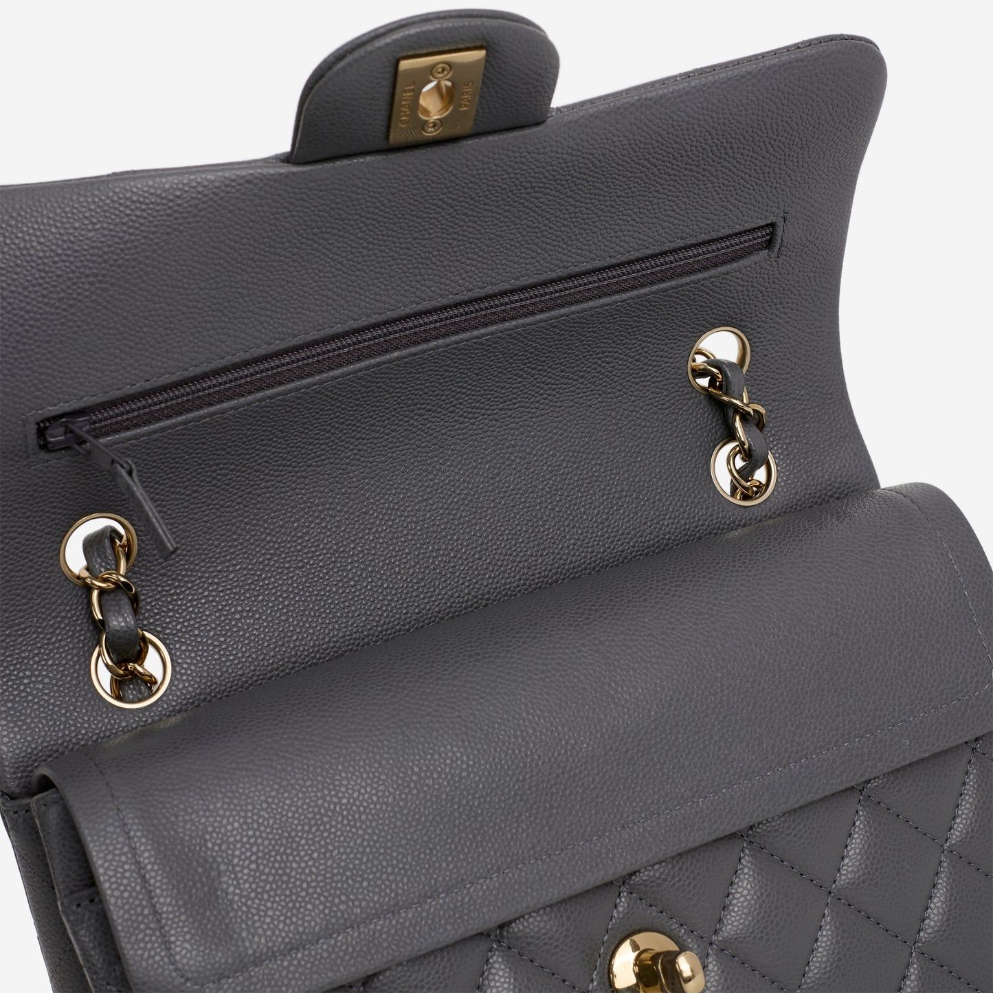 Chanel Small Classic Flap - Dark Grey Caviar | Champagne Gold Hardware - Bagista