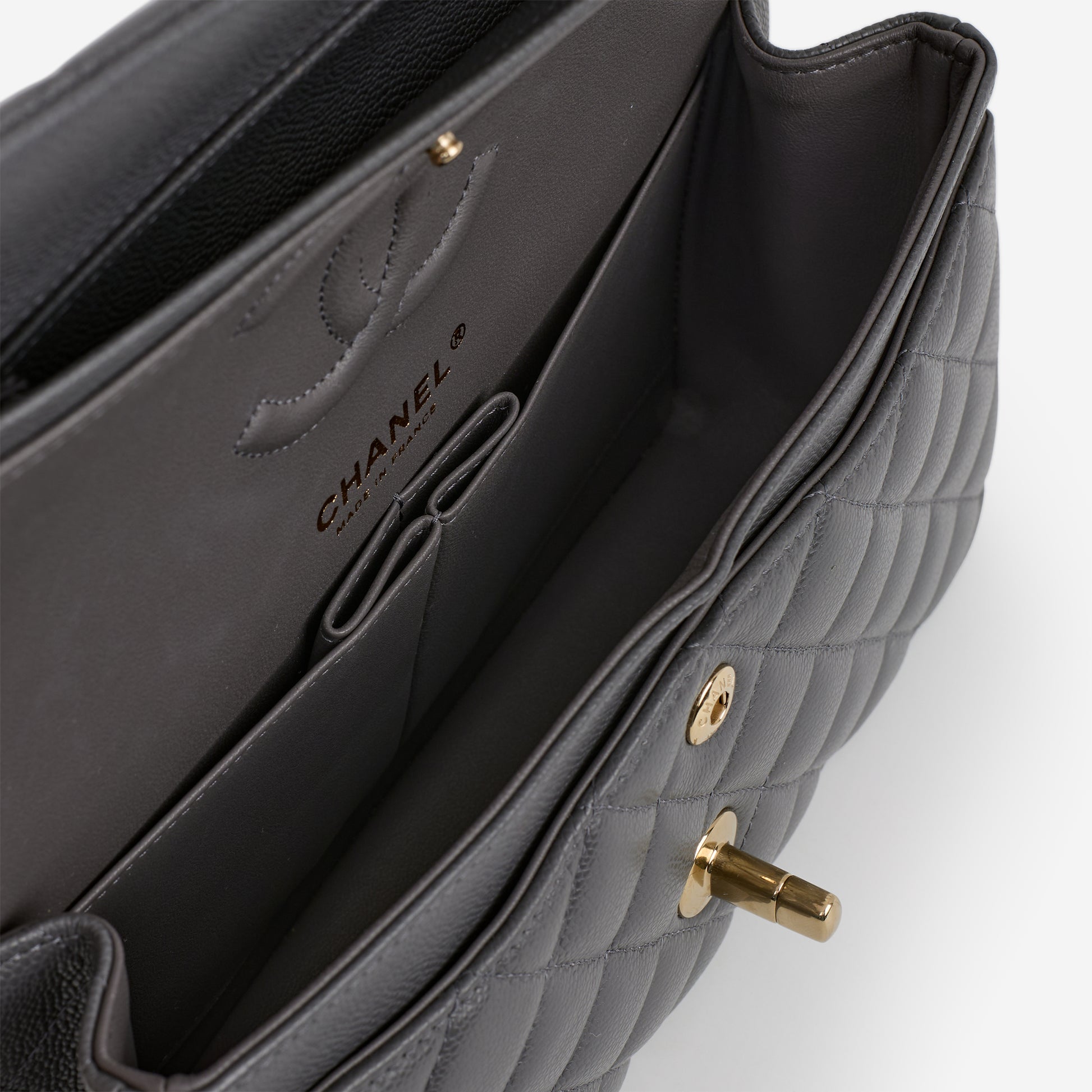 Chanel Small Classic Flap - Dark Grey Caviar | Champagne Gold Hardware - Bagista