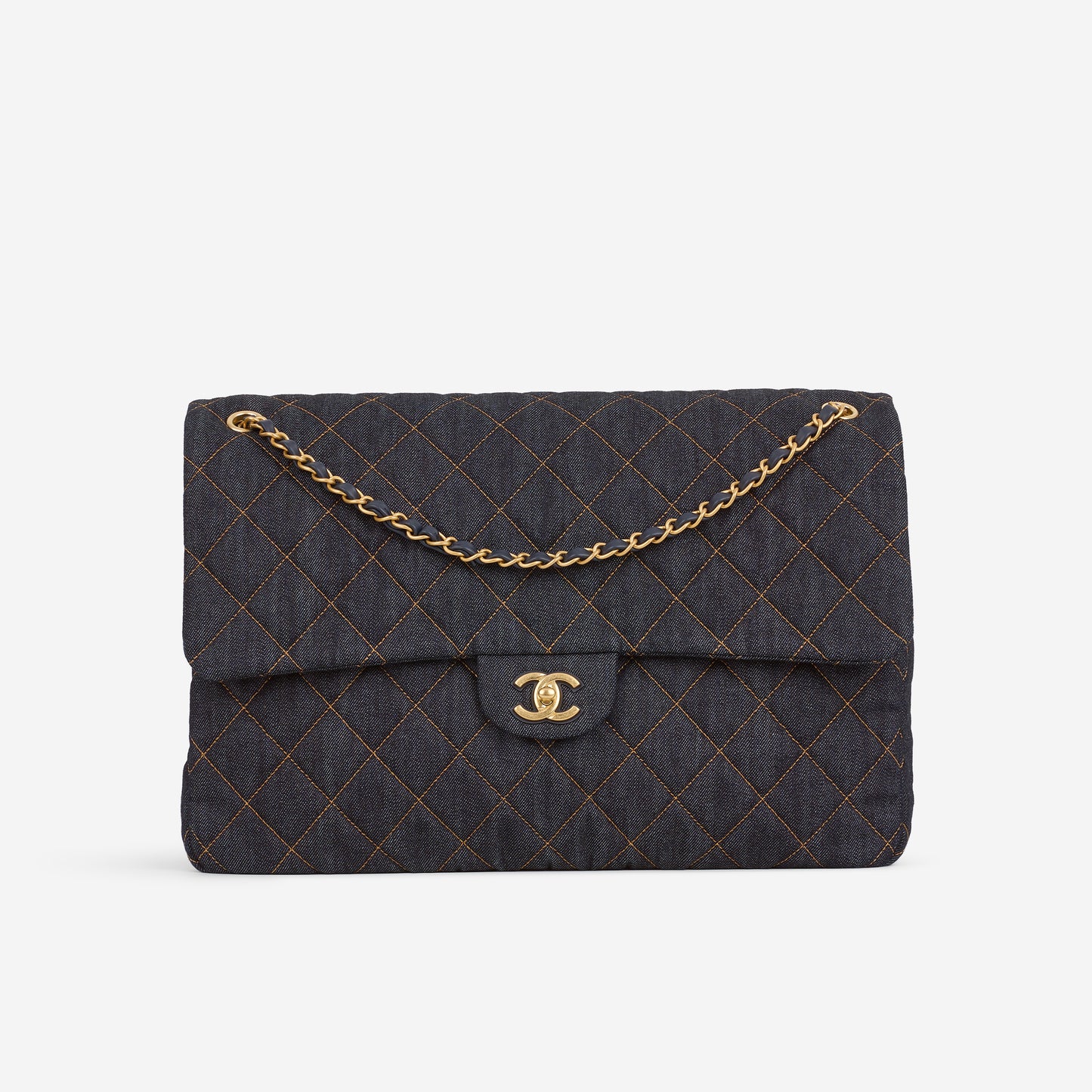 Chanel 26P Maxi Classic Flap - Dark Blue Denim | Aged-Gold Hardware