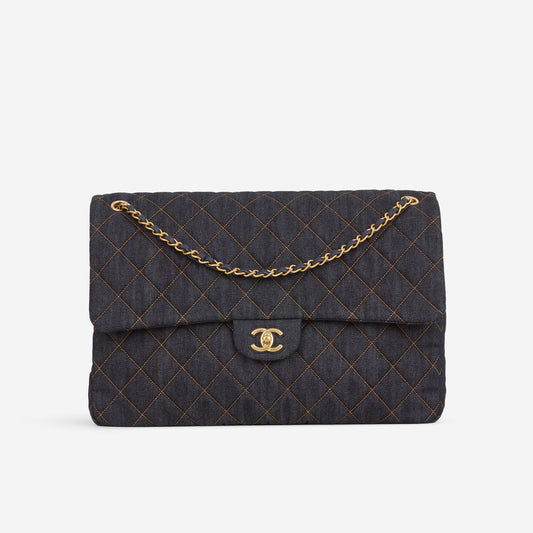 Chanel 26P Maxi Classic Flap - Dark Blue Denim | Aged-Gold Hardware