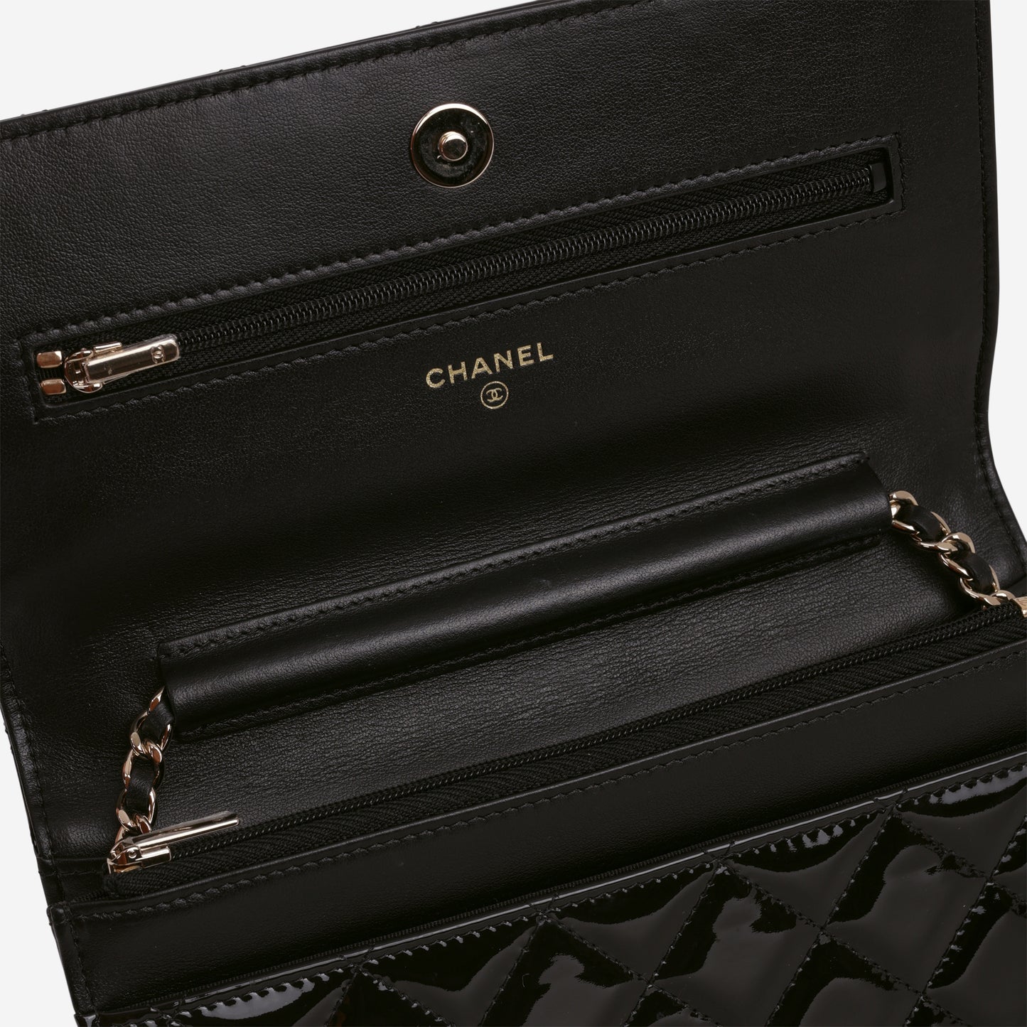 Chanel Classic Wallet on Chain - Black Patent | Champagne Gold Hardware