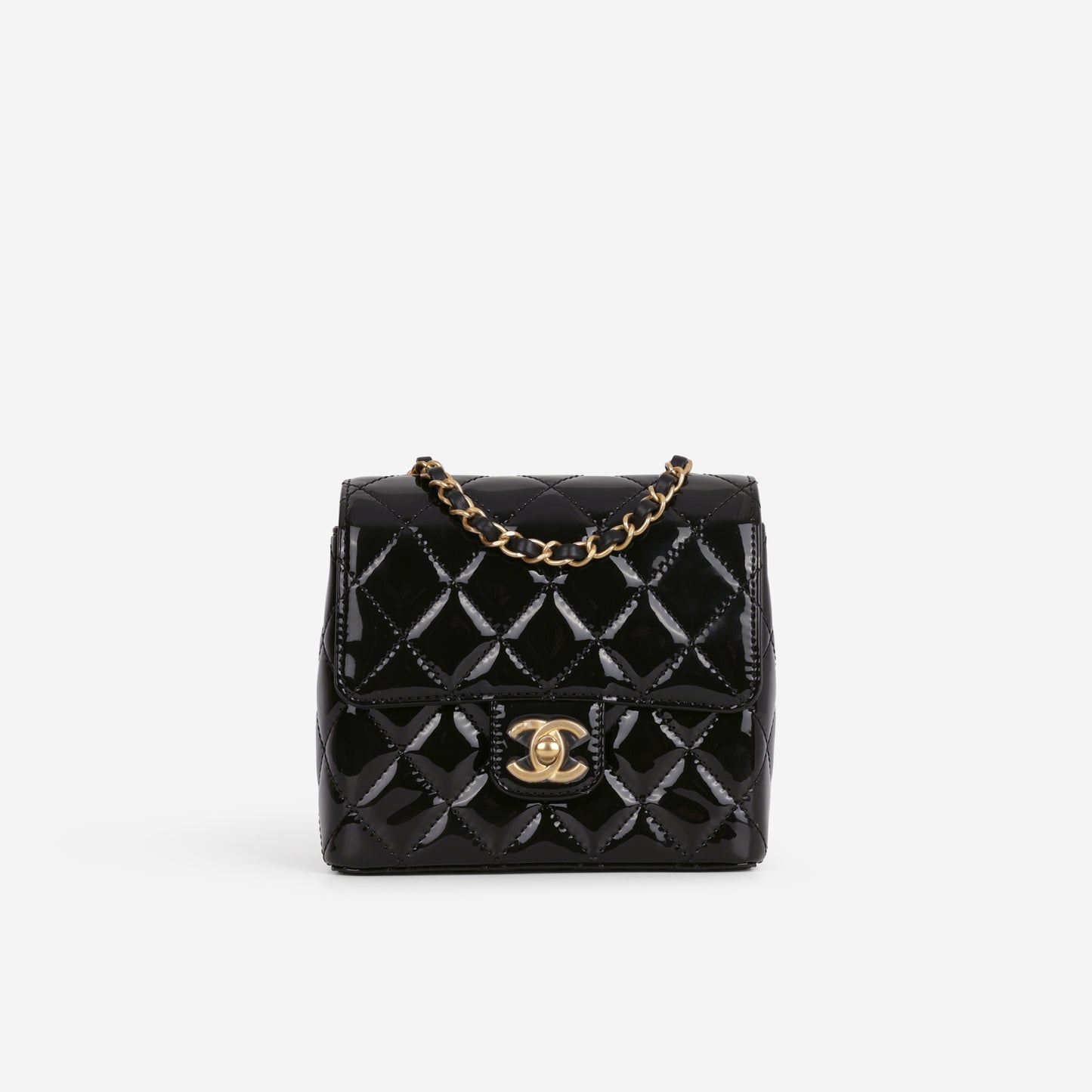 Chanel Seasonal Mini Square  - Black Patent | Aged Gold Hardware