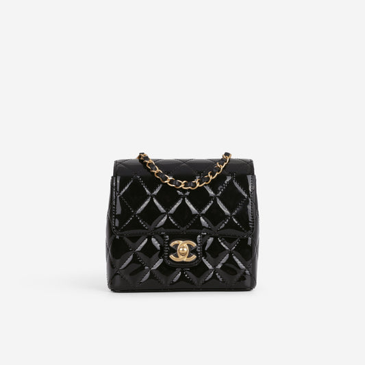Chanel Seasonal Mini Square  - Black Patent | Aged Gold Hardware