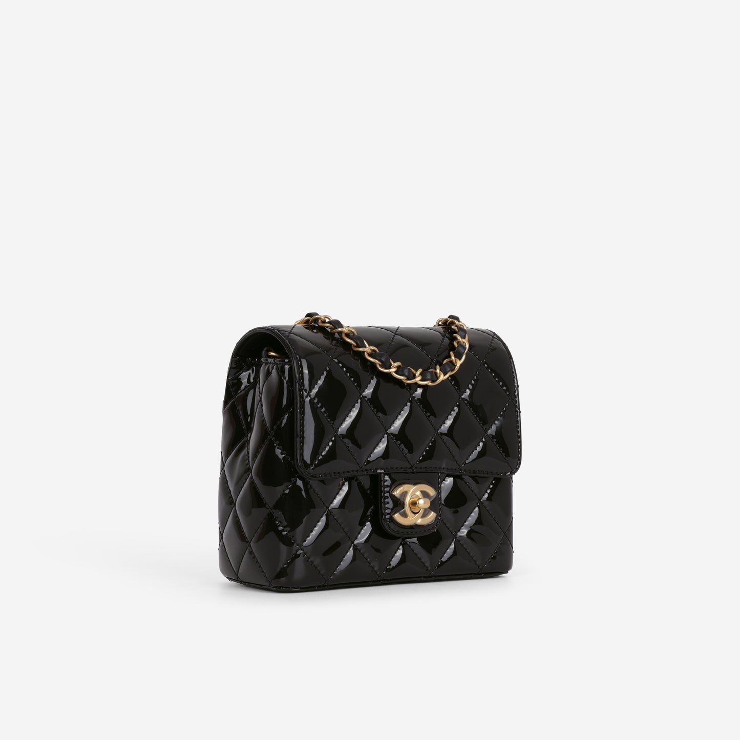Chanel Seasonal Mini Square  - Black Patent | Aged Gold Hardware