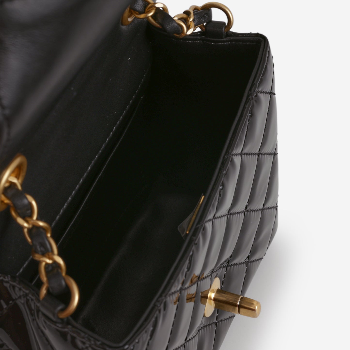 Chanel Seasonal Mini Square  - Black Patent | Aged Gold Hardware