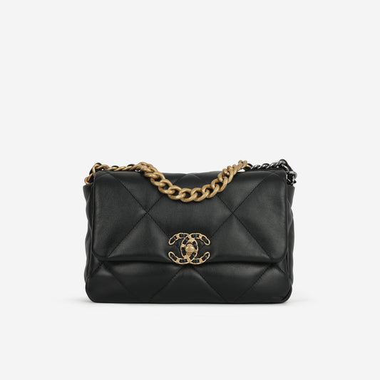 Chanel Small 19 Flap Bag - Black Lambskin | Gold & Silver Hardware - Bagista
