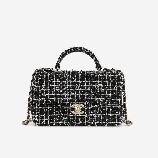 Chanel Mini Top Handle Flap - Black / White Tweed | Gold Hardware