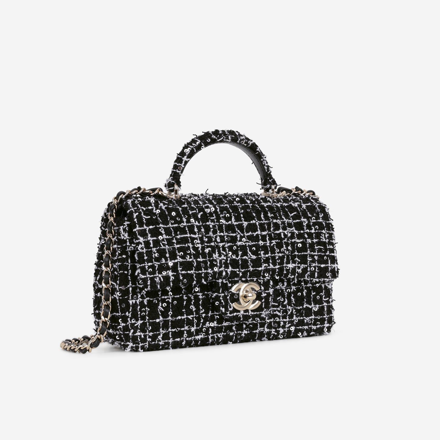 Chanel Mini Top Handle Flap - Black / White Tweed | Gold Hardware