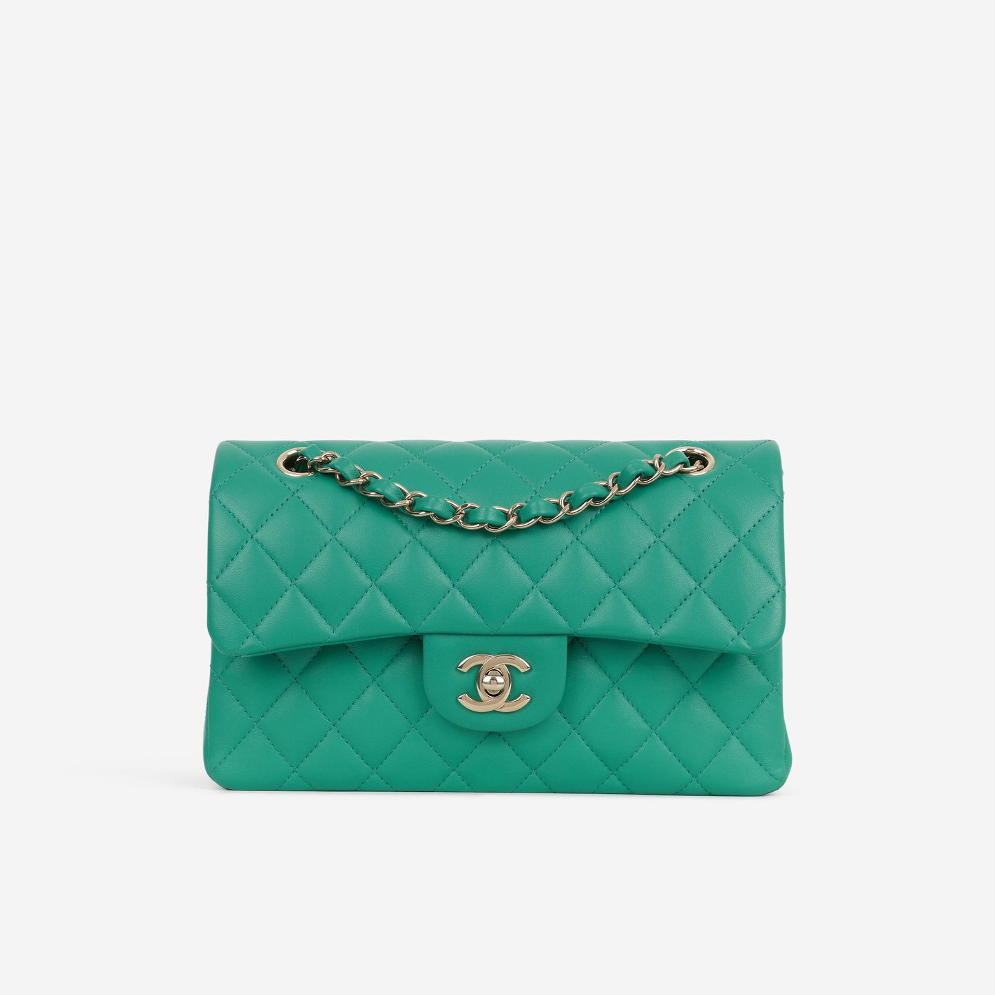 Chanel Small Classic Flap - Green Lambskin | Champagne Gold Hardware