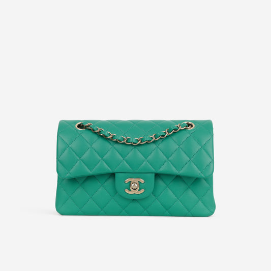 Chanel Small Classic Flap - Green Lambskin | Champagne Gold Hardware
