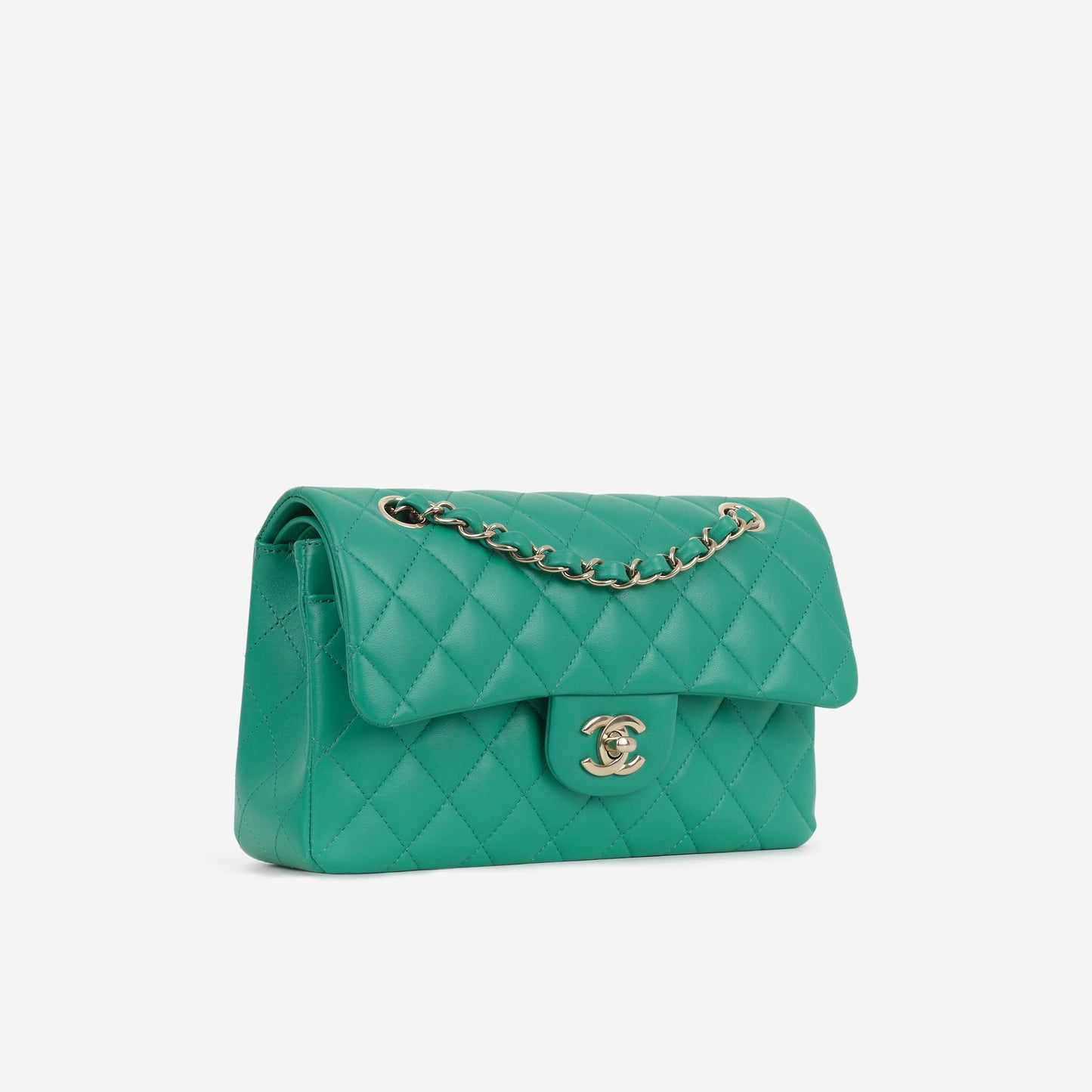 Chanel Small Classic Flap - Green Lambskin | Champagne Gold Hardware