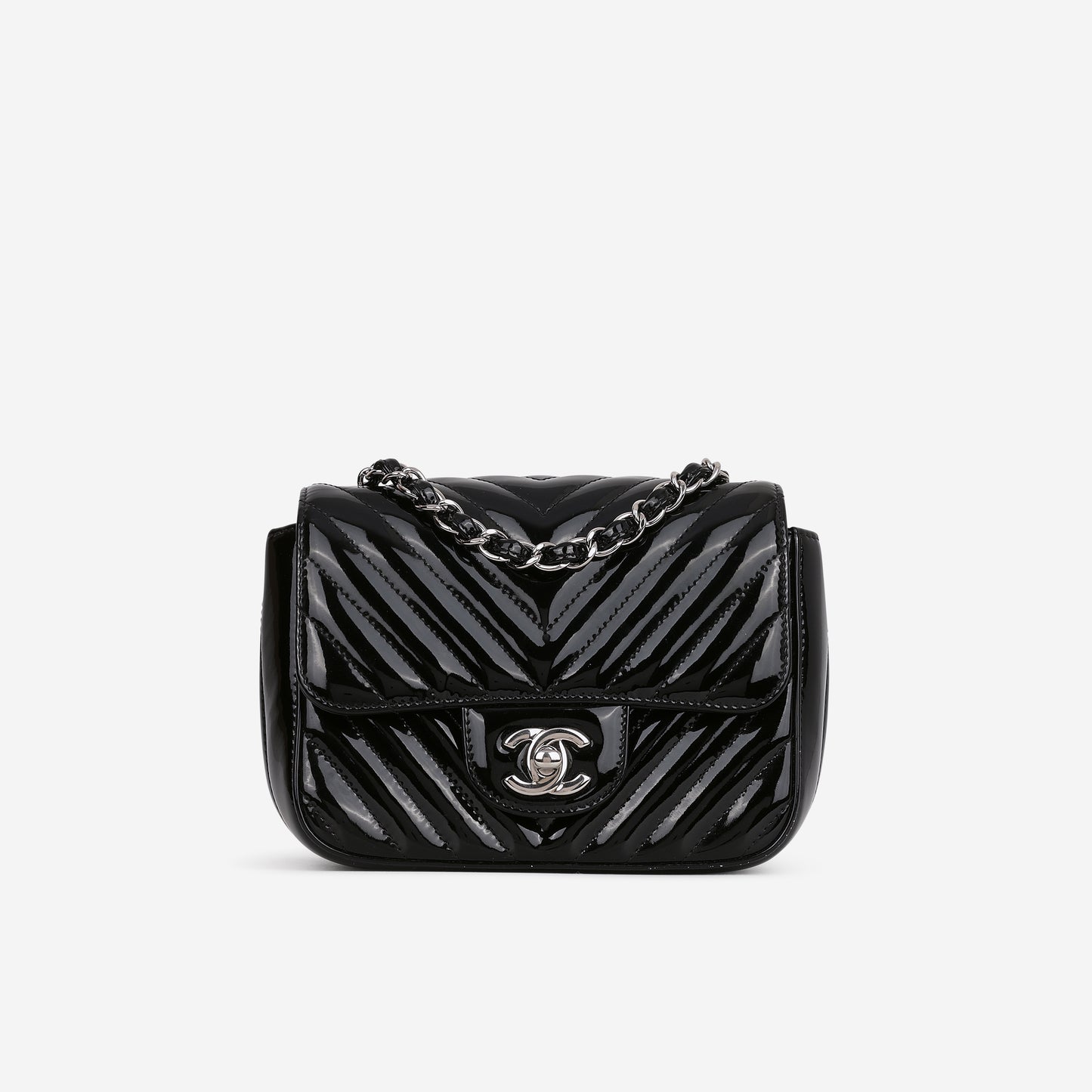 Chanel Mini Square - Black Chevron Patent | Silver Hardware