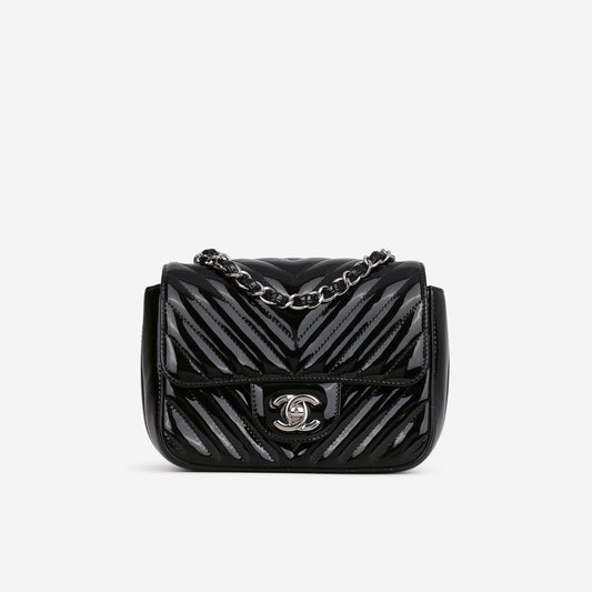 Chanel Mini Square - Black Chevron Patent | Silver Hardware - Bagista