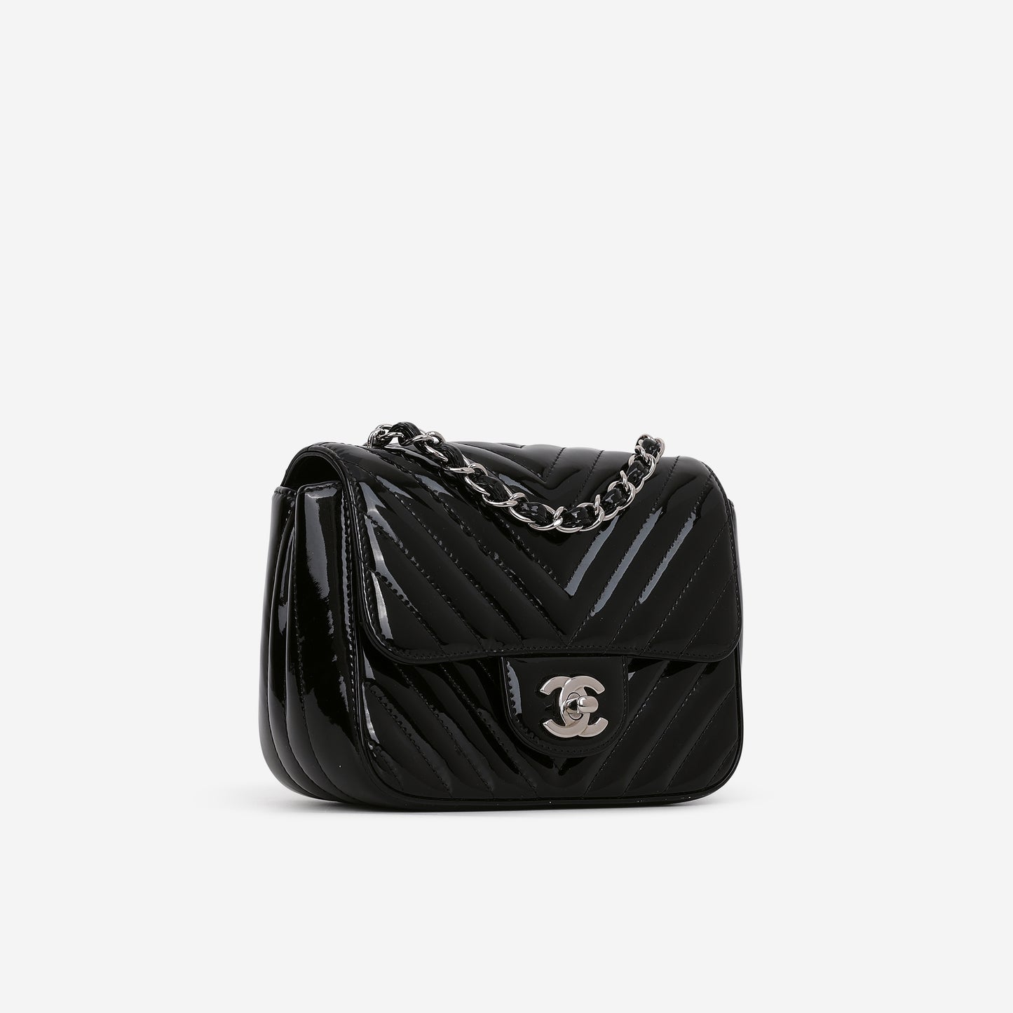 Chanel Mini Square - Black Chevron Patent | Silver Hardware