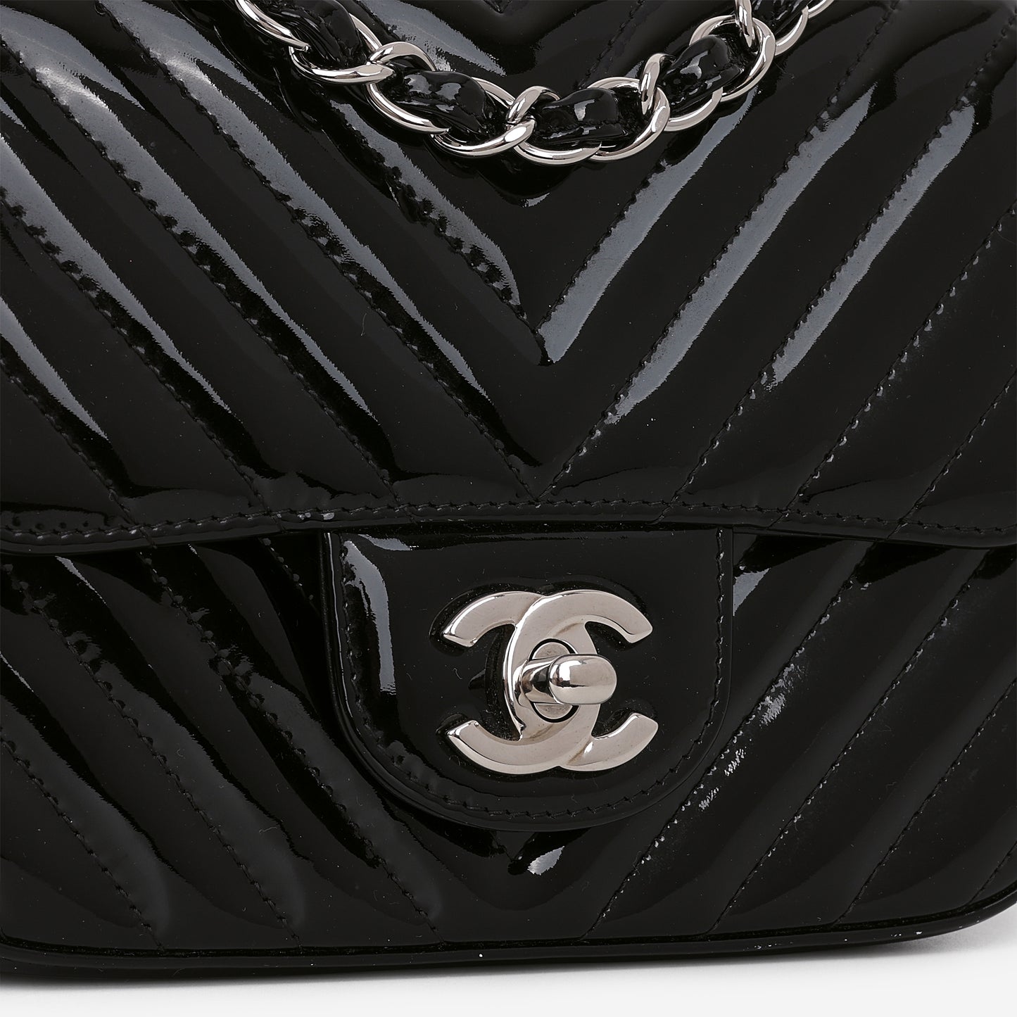 Chanel Mini Square - Black Chevron Patent | Silver Hardware