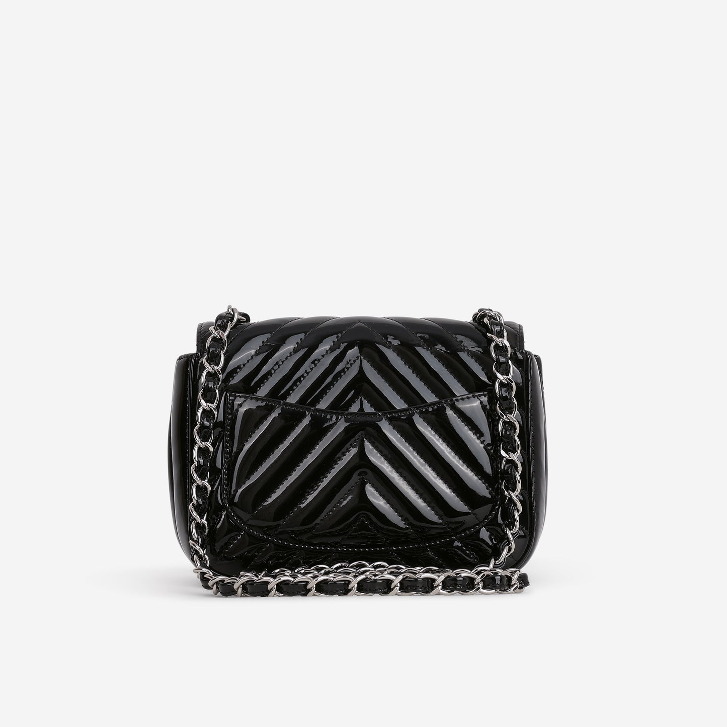 Chanel Mini Square - Black Chevron Patent | Silver Hardware