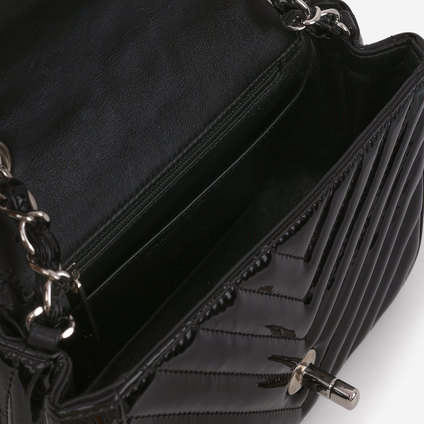 Chanel Mini Square - Black Chevron Patent | Silver Hardware