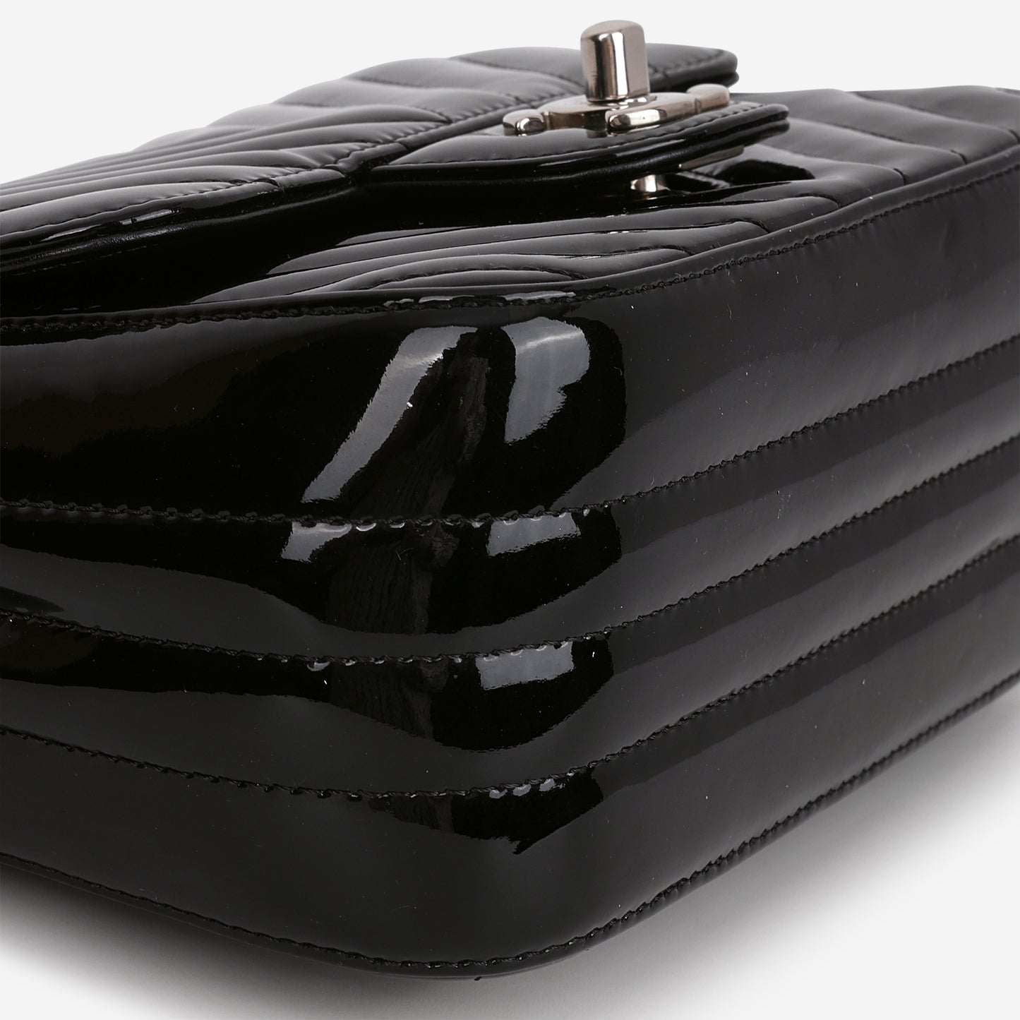 Chanel Mini Square - Black Chevron Patent | Silver Hardware