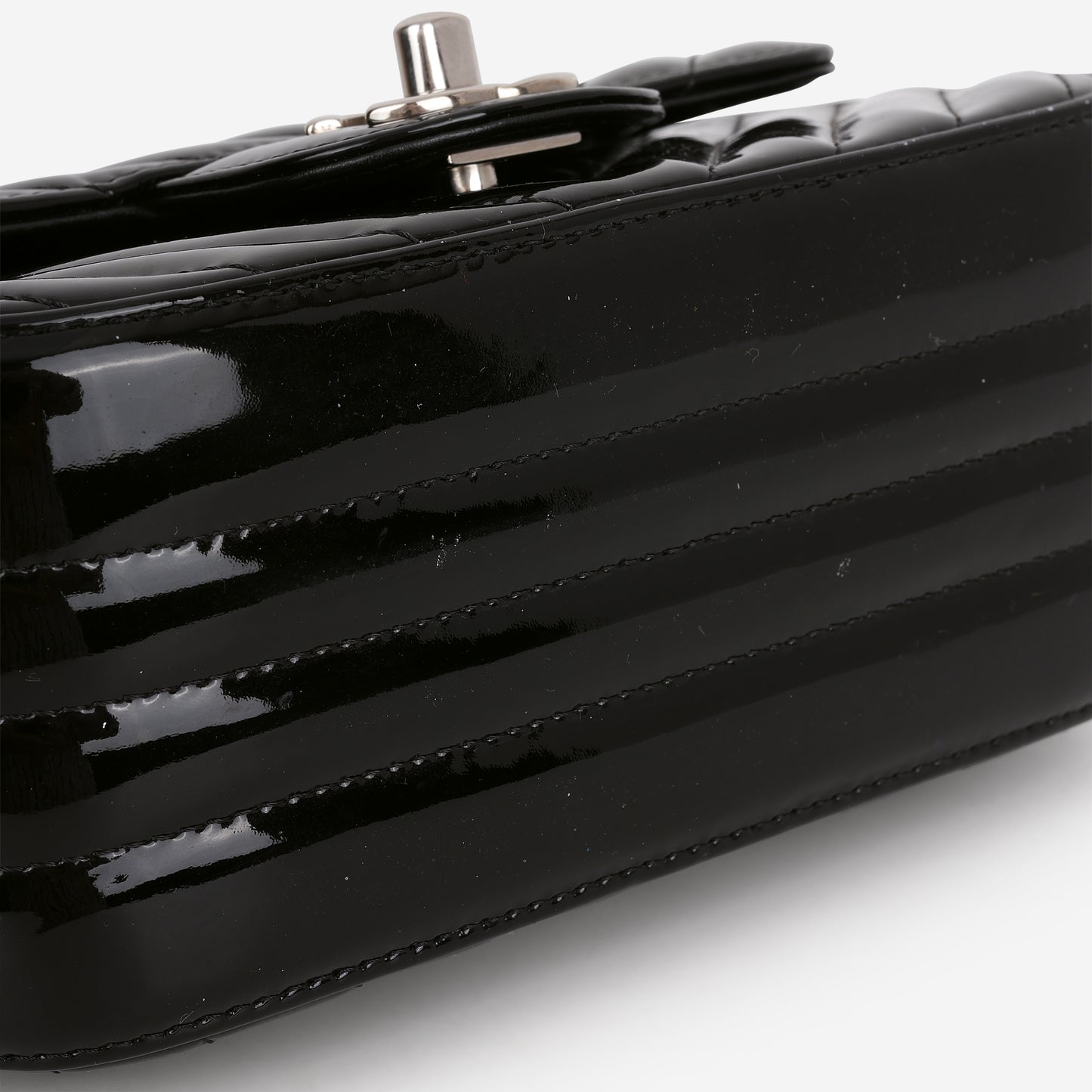 Chanel Mini Square - Black Chevron Patent | Silver Hardware