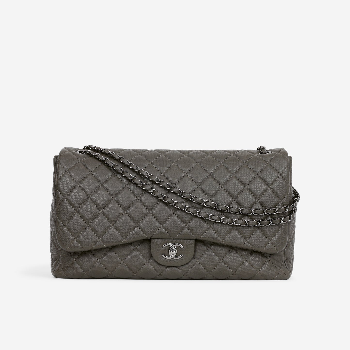 Chanel XXL Maxi Flap - Khaki Grained Calfskin | Silver Hardware