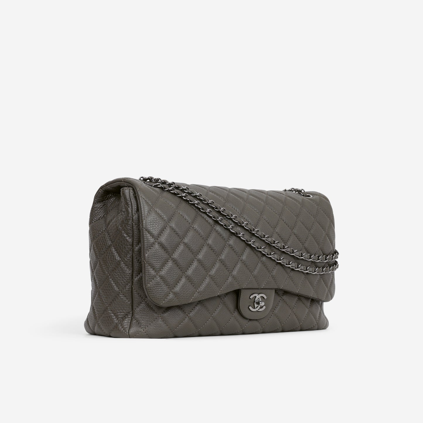 Chanel XXL Maxi Flap - Khaki Grained Calfskin | Silver Hardware