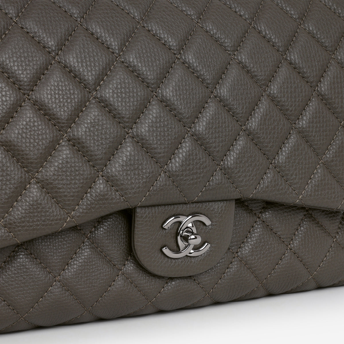 Chanel XXL Maxi Flap - Khaki Grained Calfskin | Silver Hardware