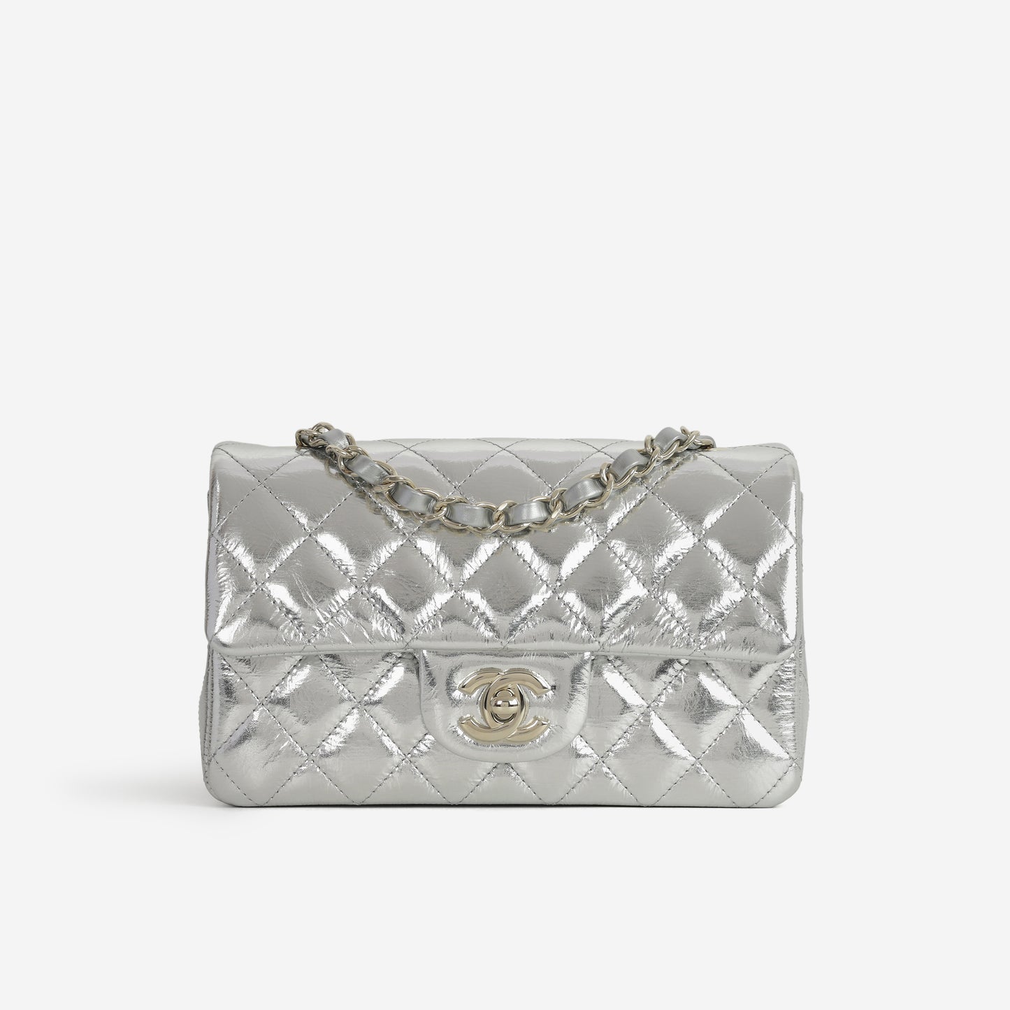 Chanel Mini Rectangular - Silver Metallic Calfskin | Champagne Gold Hardware