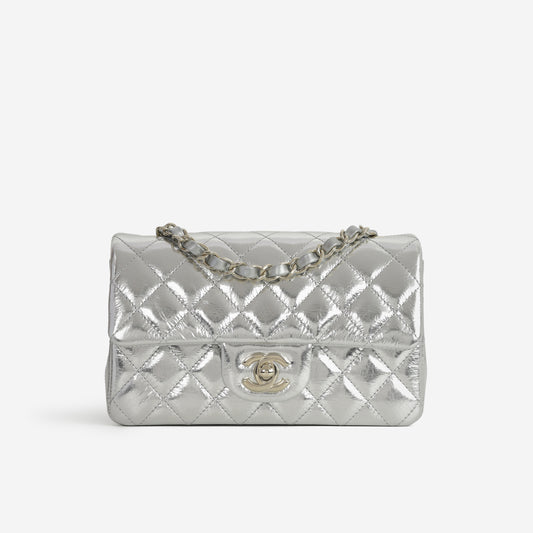 Chanel Mini Rectangular - Silver Metallic Calfskin | Champagne Gold Hardware