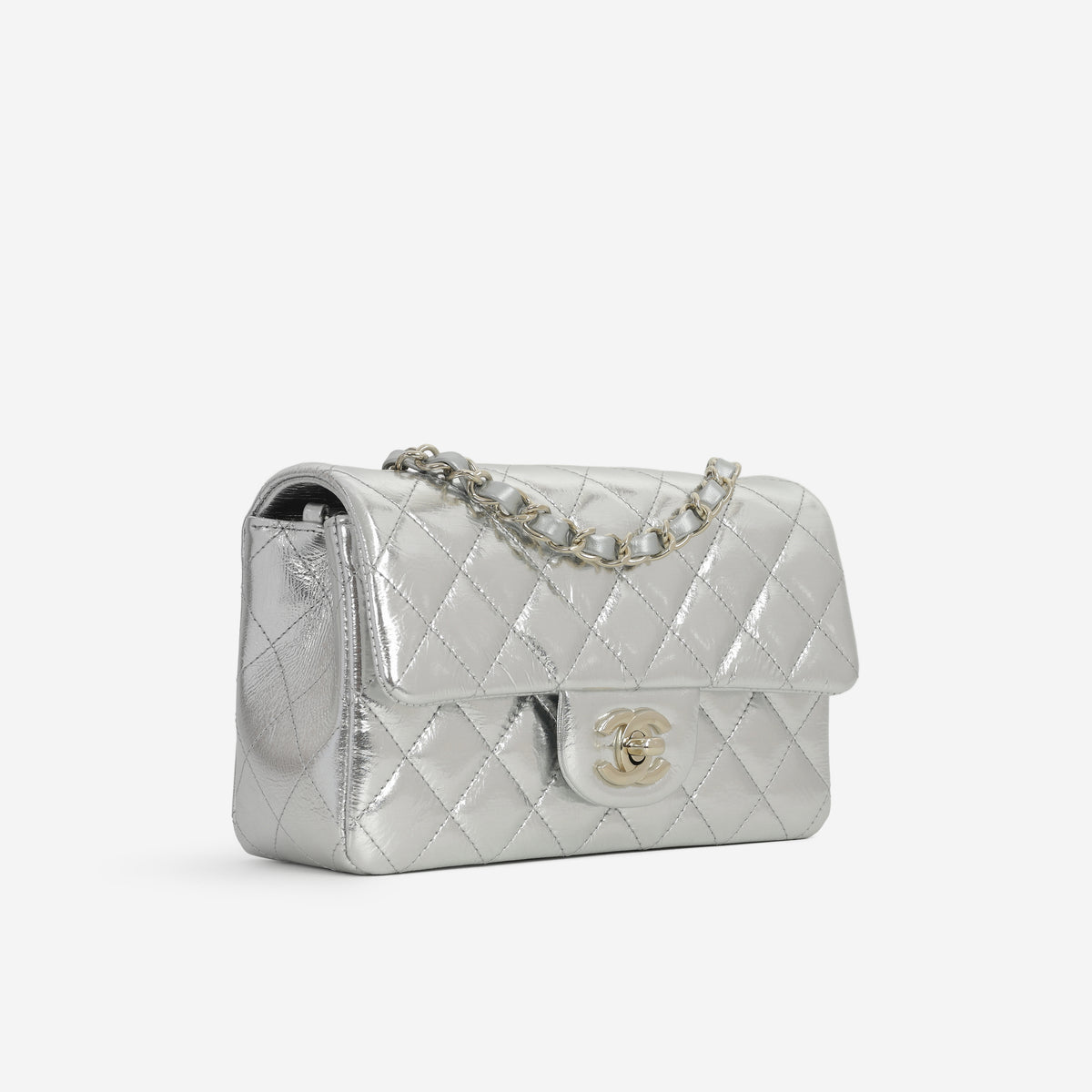 Chanel Mini Rectangular - Silver Metallic Calfskin | Champagne Gold Hardware