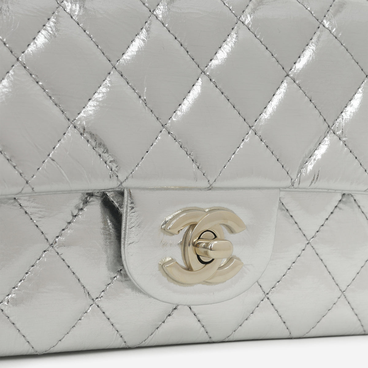 Chanel Mini Rectangular - Silver Metallic Calfskin | Champagne Gold Hardware