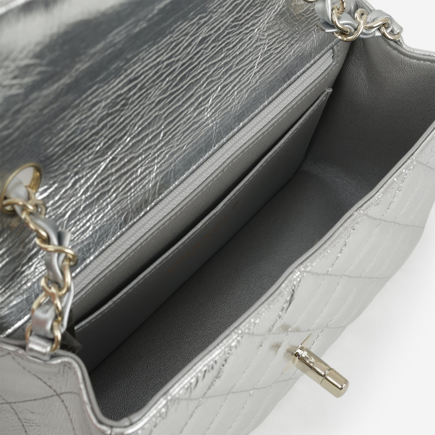Chanel Mini Rectangular - Silver Metallic Calfskin | Champagne Gold Hardware