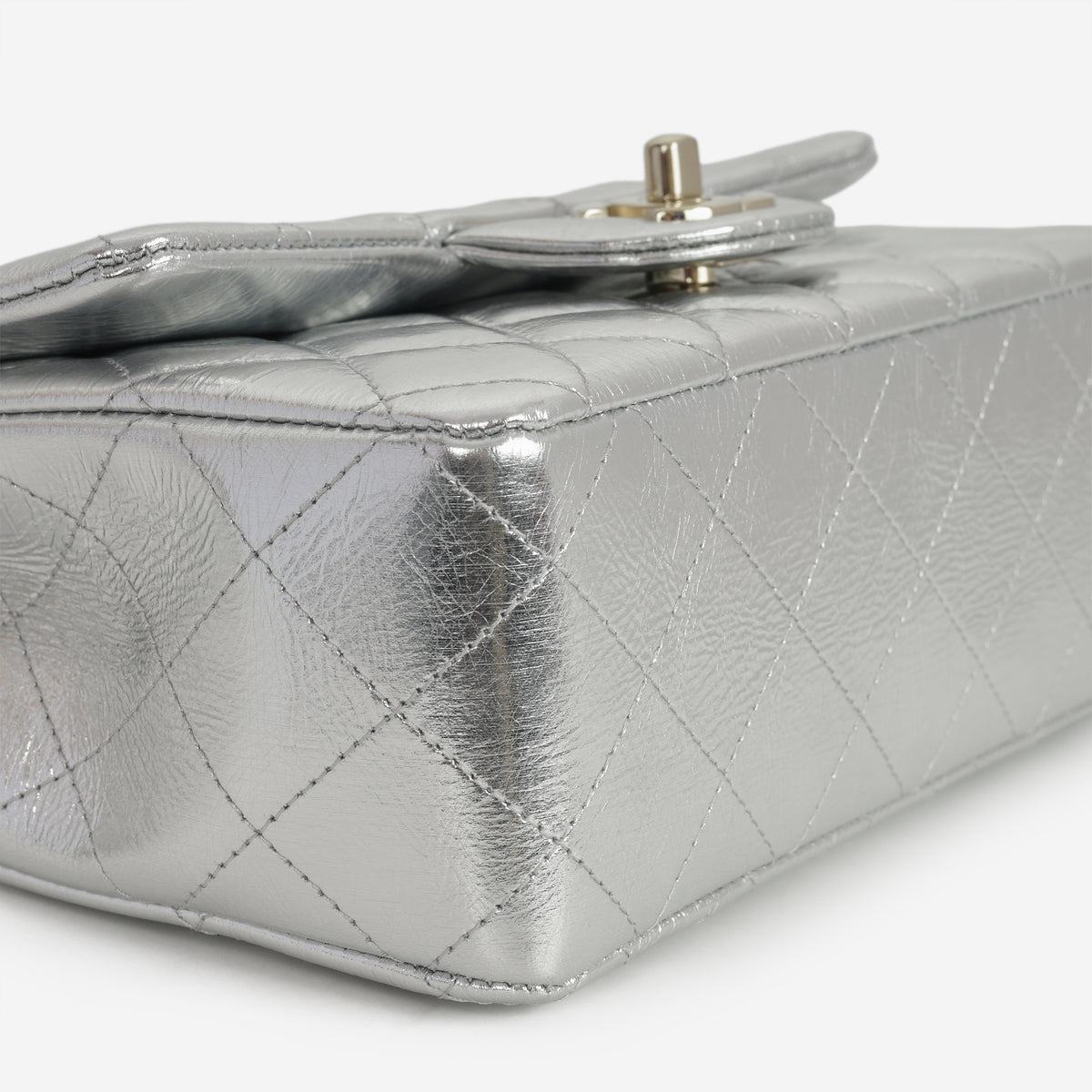 Chanel Mini Rectangular - Silver Metallic Calfskin | Champagne Gold Hardware