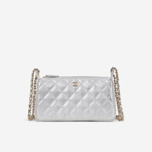 Chanel Clutch with Chain - Silver Metallic Caviar | Gold Hardware
